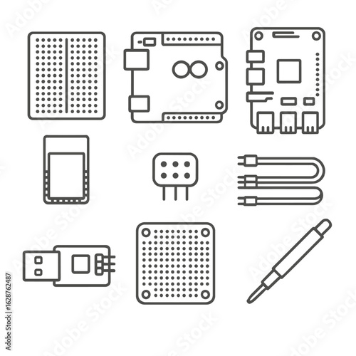 Development Board Essentials Icons. Line style icons of Development Board Essentials: solderless breadboard, Arduino board,