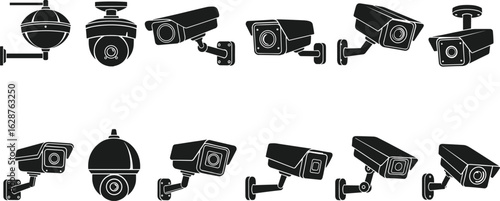 Security camera icon set vector, black silhouette designs of dome, bullet, box styles for surveillance, safety, and monitoring concepts