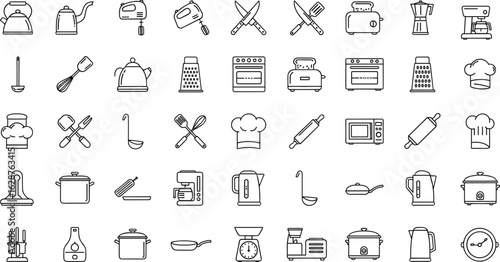 Vector set of kitchen appliance and utensil icons, black silhouette illustrations of cookware, chef hats, mixers, kettles, and tools