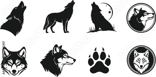 Photography Wolf icon vector set, black silhouette collection of wild animals, howling wolve