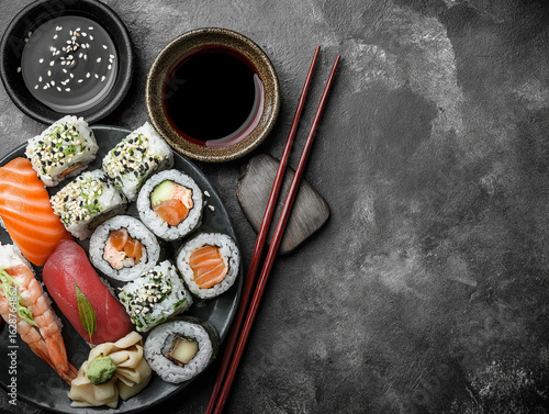 sushi on a white background in a relaxing still life realistic photography top view