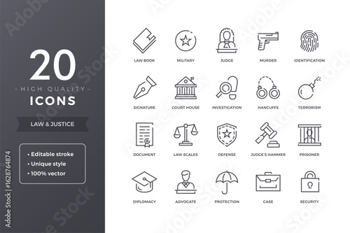 Elegant justice icon set perfect for legal website or app design and law enforcement presentation