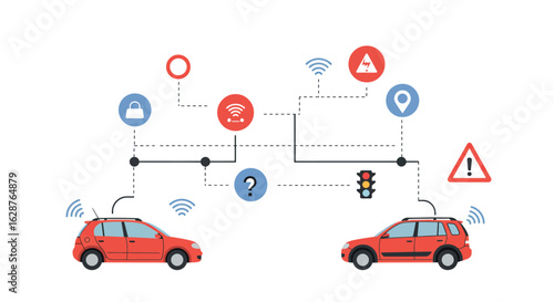 Autonomous cars with network connections and traffic symbols in flat design