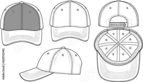 Baseball cap CAD flat sketch, vector fashion illustration, front back side top views, snapback hat design, headwear accessory template