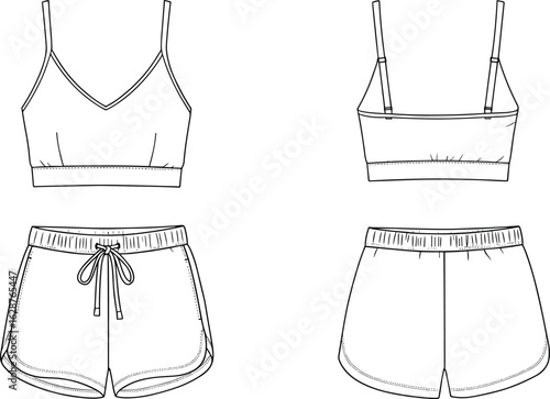 Bralette and shorts CAD drawing, flat vector illustration with drawstring and pockets, fashion sketch, garment template, casualwear layout