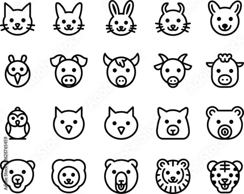 Collection of Cute Animal Face Icons in Minimalist Line Art Style for Graphic Design Projects and Creative Illustrations