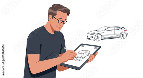 Designer sketching futuristic car on digital tablet with stylus