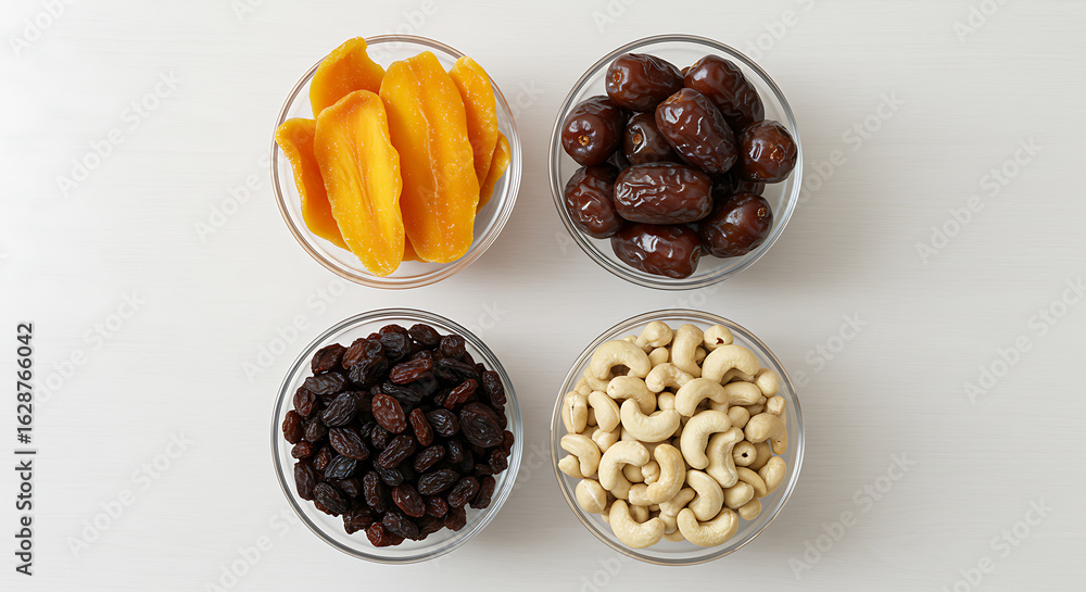 Obraz premium Dried mango, dates, raisins, and cashews in bowls isolated on white background