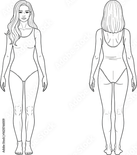 Front and back view fashion template, female figure sketch, bodysuit design, garment fit outline, technical fashion drawing, apparel illustration, clothing concept