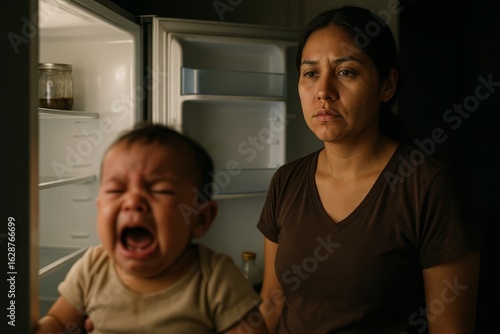 Worried mother looks into empty refrigerator. Crying baby reflects hardship and poverty. Postpartum depression.
