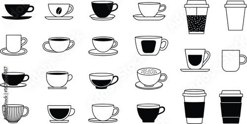 Coffee cup illustrations, mug designs, takeaway cups, foam art, coffee beans, CAD drawing, flat vector illustration, cafe, drinkware, beverage