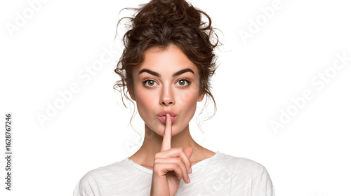 Beautiful woman making a shush gesture on a plain white background, cut-out, transparent PNG