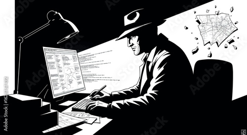 Mysterious detective analyzing clues on computer in noir black and white scene