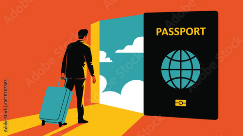 A man in a suit with a suitcase walks through a passport gateway into a sky filled with clouds.