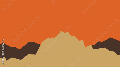 An abstract representation of a desert landscape under a vibrant orange sky.