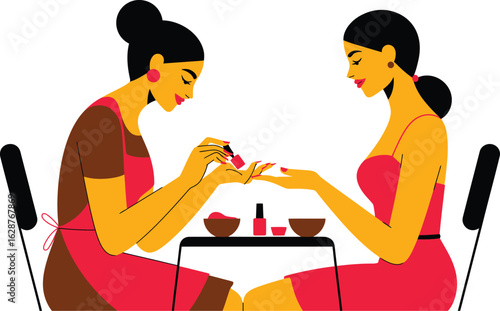 A professional manicurist applies nail polish to a client's fingernails in a brightly lit salon setting.