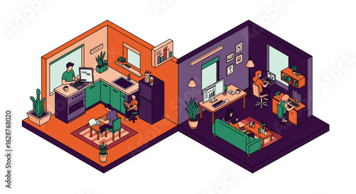 Isometric home office setup with remote work and study spaces