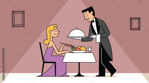 A waiter in a tuxedo serves a meal to a woman in a formal dress at a restaurant table.