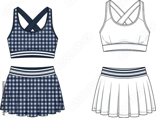 Tennis outfit CAD flat sketch, vector fashion illustration, front and back views, pleated skirt and sports bra, activewear garment design