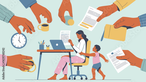 A person juggles work and family responsibilities while surrounded by many demanding hands.