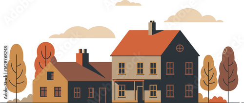 A row of charming houses in autumnal colors with stylized trees and clouds above them.