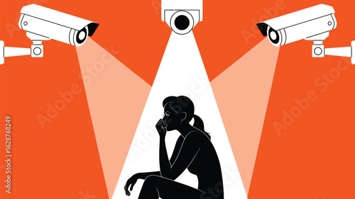 A lone figure is illuminated and observed by three surveillance cameras, highlighting privacy concerns.