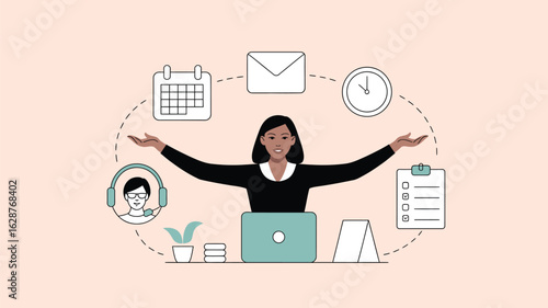 A woman juggles various tasks and responsibilities with efficiency and organization at work.
