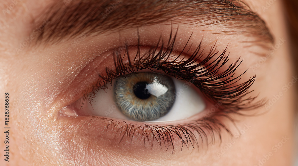 Obraz premium Close-up of a striking eye with detailed eyelashes and vibrant colors showcasing natural beauty and expressiveness