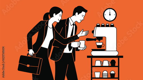 Two colleagues in business attire stand by a coffee machine, preparing a morning beverage together.
