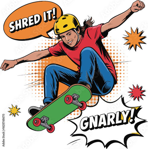 Young skateboarder performs a trick with a speech bubble saying shred it