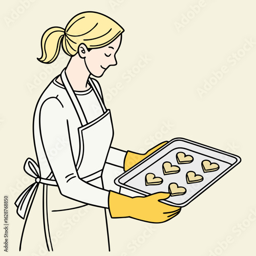 Woman Holding Tray of Heart-Shaped Cookies – Line Art Baking Illustration with Apron and Gloves

