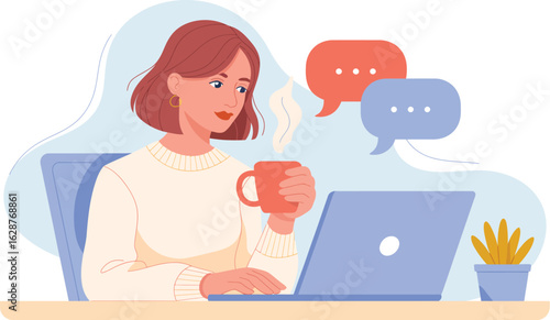 A woman drinks coffee while working on her laptop with chat bubbles above her head.