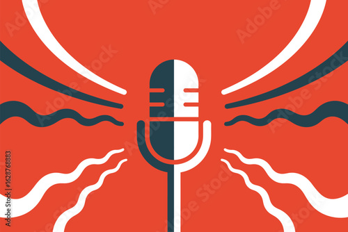 A vintage microphone broadcasts sound waves outward in a stylized graphic design.