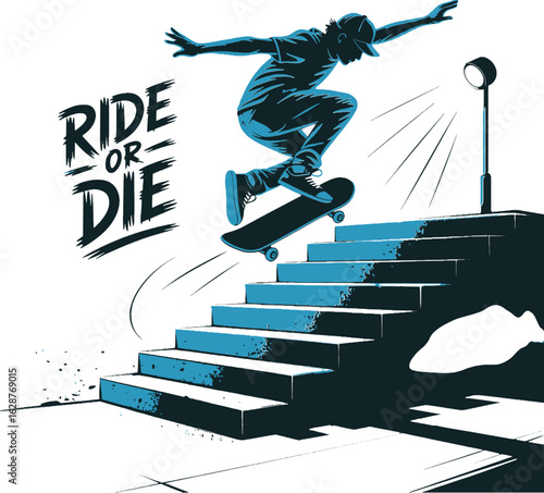 Skateboarder performs a daring trick jumping down a set of stairs
