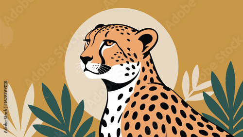 A stylized illustration of a majestic cheetah with spotted fur gazes thoughtfully into the distance.