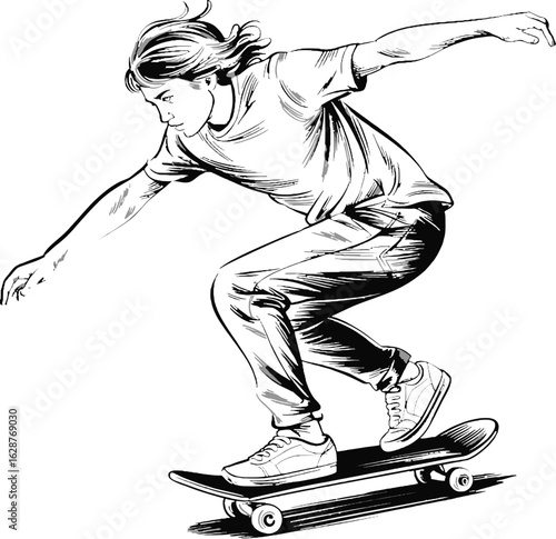 Young person in motion on a skateboard in a dynamic sketch