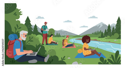 Diverse group enjoying nature and outdoor activities by a scenic river in summer