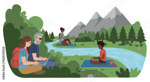 Remote work in nature: people using laptops by a mountain stream