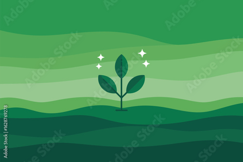 A single green sprout with sparkling stars above represents growth and new beginnings against a stylized background.