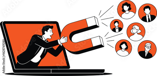 A businessman uses a magnet to attract customers through a laptop screen.