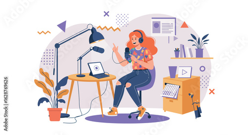 Creative podcasting studio with host recording a show in modern workspace