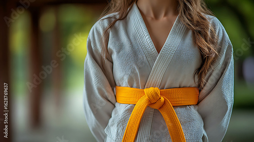 Woman in Karate Gi with Yellow Belt, Martial Arts Training