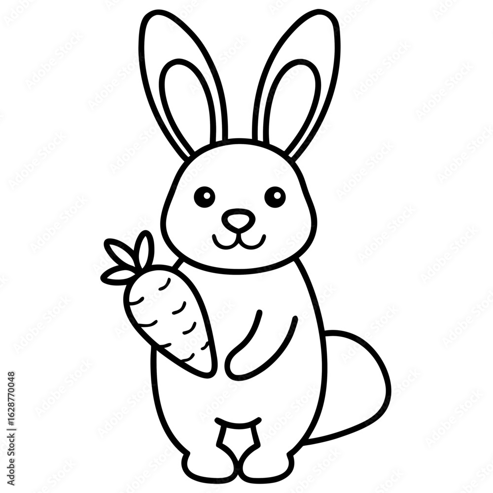 Fototapeta premium Cute cartoon bunny holding a carrot in black and white outline