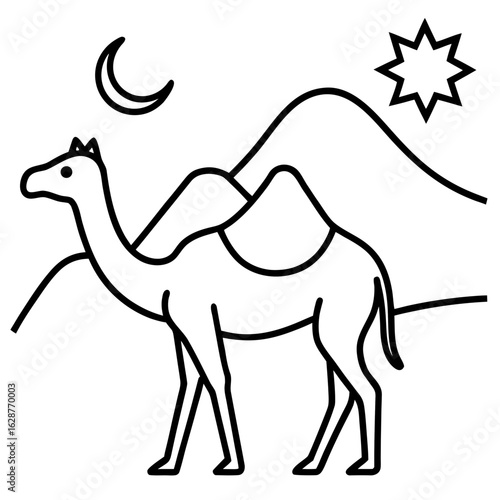 Stylized line art camel silhouette in desert landscape with moon and star
