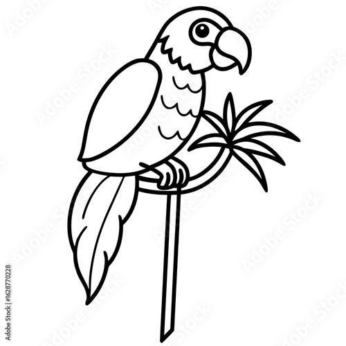 Cute cartoon parrot perched on a tropical palm frond