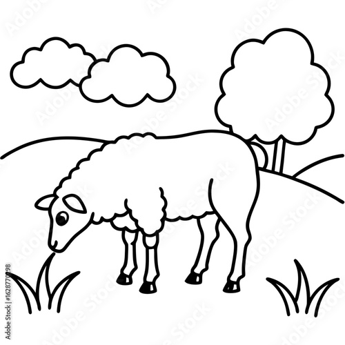 Simple black and white line drawing of a sheep grazing in a field with clouds and a tree