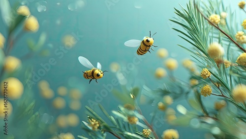 Two tiny honeybees flit amidst delicate yellow flowers