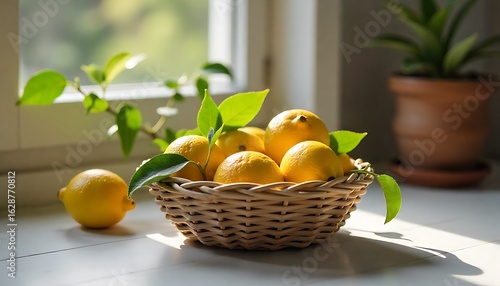 Wallpaper Mural Lemons with Leaves in Woven Basket on Kitchen Counter with Sunlight  Torontodigital.ca