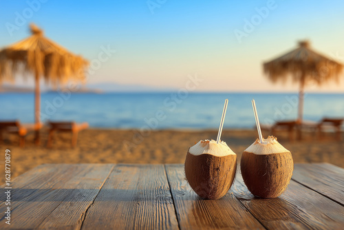 Wallpaper Mural Cocktails with a straw in coconuts at a beach bar on the seashore Torontodigital.ca