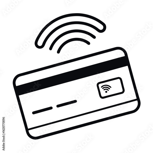Art of contactless credit card payment with wireless signal waves, isolated on white background